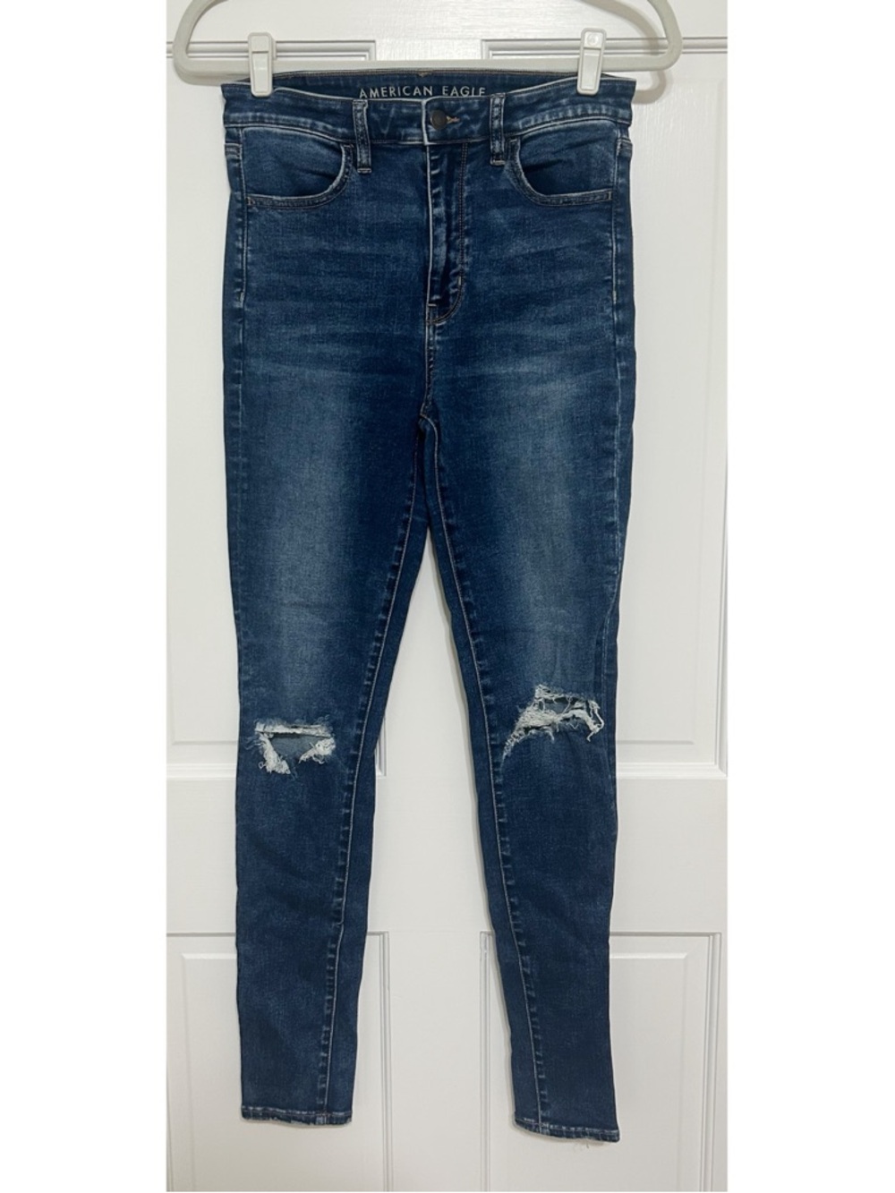 American Eagle Outfitters Dark Blue Distressed High-Rise Skinny Jeans